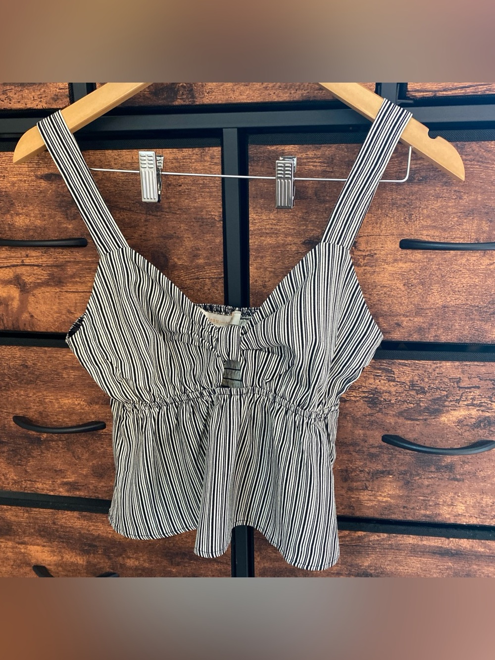 Monteau Los Angeles Women's Black/Cream Striped Peplum Tank Top Size Medium NWT